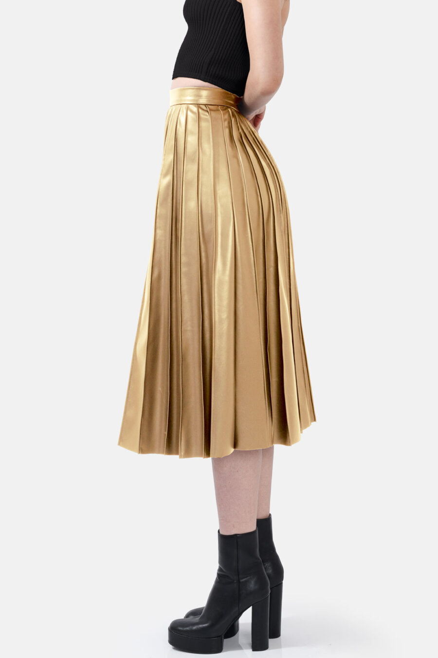 Gold Pleated Vegan Leather Midi Skirt Kargede Designer Skirt Side Avila - Solace – Pleated Gold Vegan Leather Midi Skirt