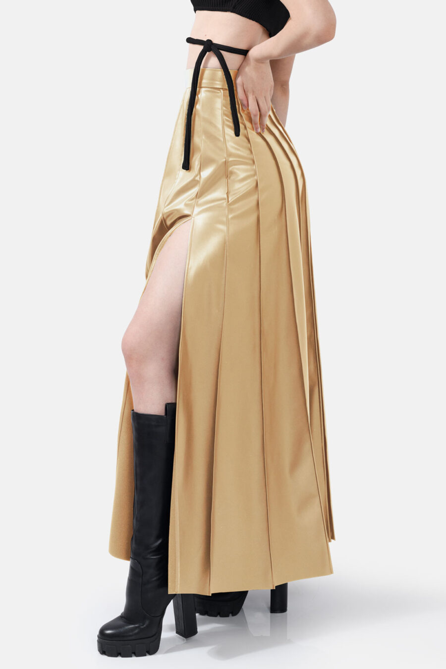 Gold Pleated Vegan Leather Midi Skirt Kargede Designer Skirt Side Avila - Solace – Pleated Gold Vegan Leather Maxi Skirt