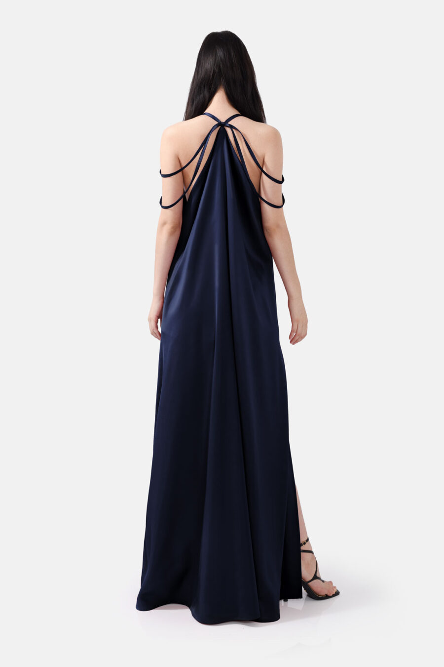 Navy Satin Maxi Dress Straps Ruffled Hem Kargede Designer Maxi Dress Back Aliva - Breeze – Navy Satin Maxi Dress