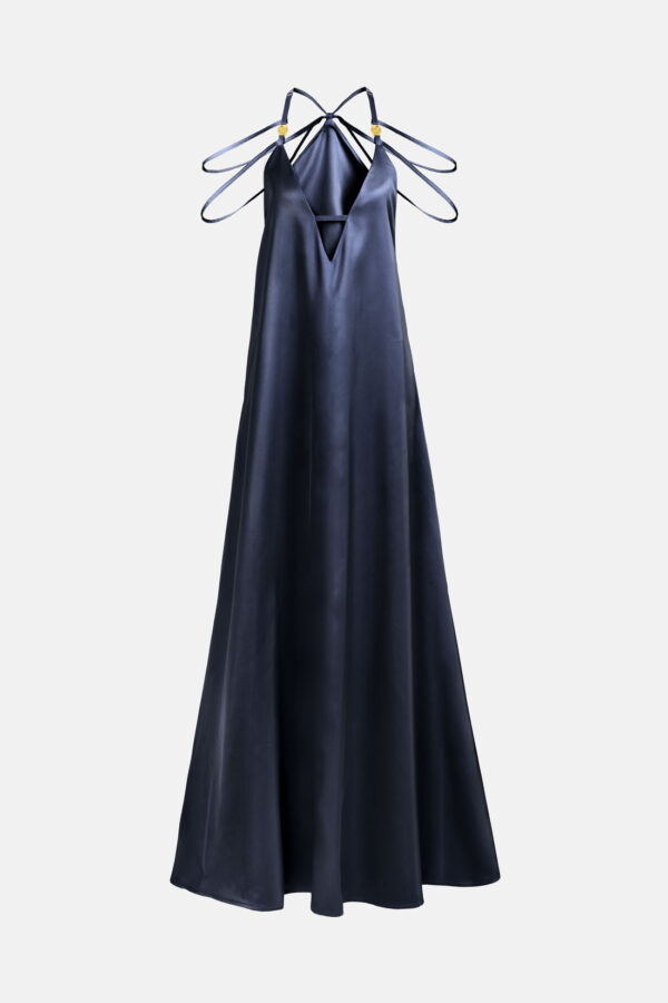 Navy Satin Maxi Dress Straps Ruffled Hem Kargede Designer Mini Dress GM - Breeze – Navy Satin Slit Maxi Dress