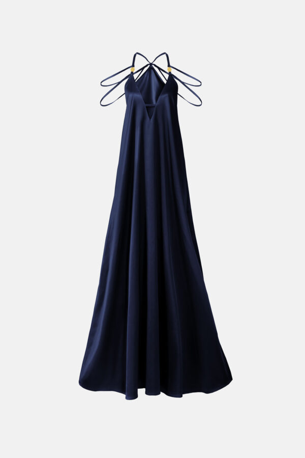 Navy Satin Maxi Dress Straps Ruffled Hem Kargede Designer Mini Dress GM - Breeze – Navy Satin Maxi Dress