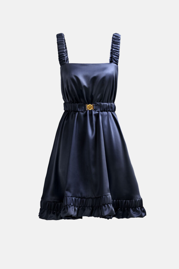 Navy Satin Mini Dress Straps Ruffled Hem Kargede Designer Mini Dress GM - Ripple – Navy Satin Slip Mini Dress