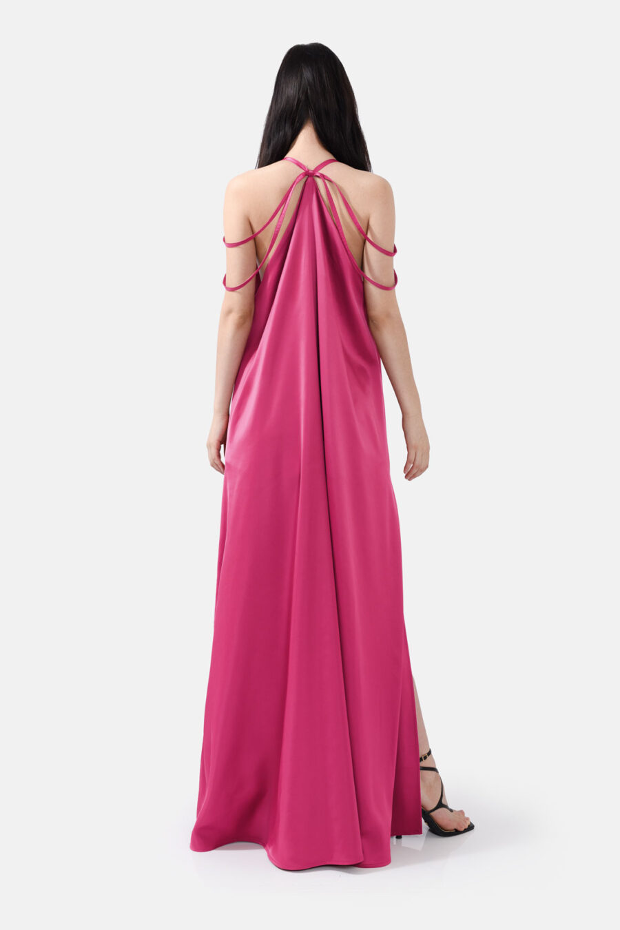 Pink Satin Maxi Dress Straps Ruffled Hem Kargede Designer Maxi Dress Back Aliva - Breeze – Pink Satin Maxi Dress