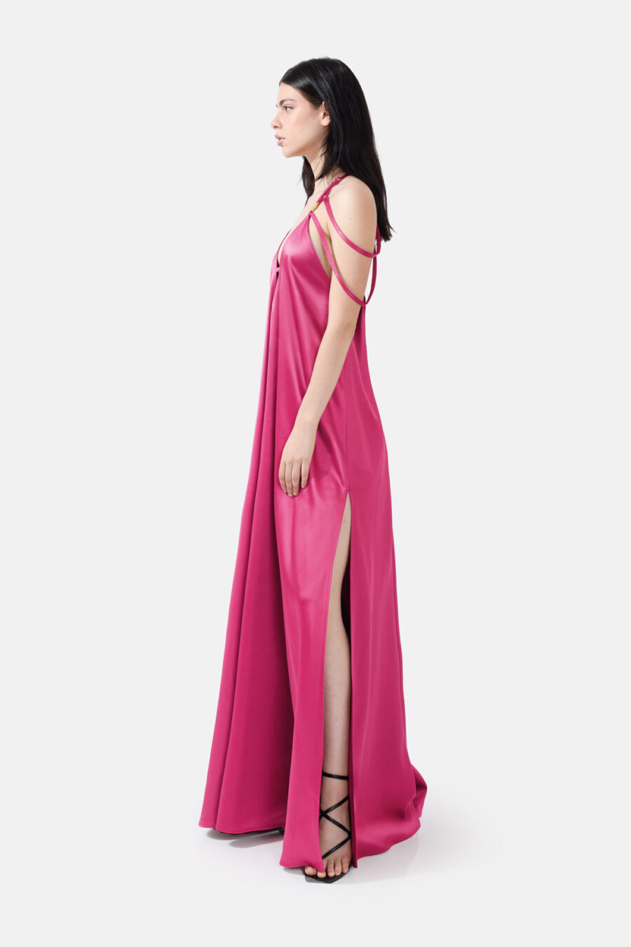 Pink Satin Maxi Dress Straps Ruffled Hem Kargede Designer Maxi Dress Side Aliva - Breeze – Pink Satin Maxi Dress