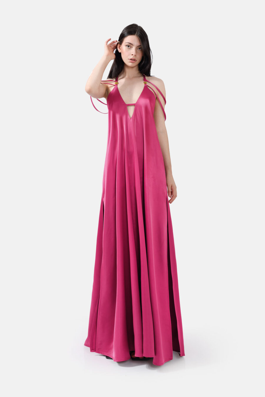 Pink Satin Maxi Dress Straps Ruffled Hem Kargede Designer Mini Dress Front Avila - Breeze – Pink Satin Maxi Dress