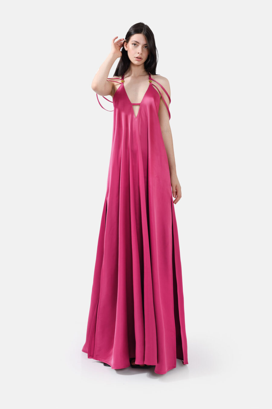 Pink Satin Maxi Dress Straps Ruffled Hem Kargede Designer Mini Dress Front Avila - Breeze – Pink Satin Maxi Dress