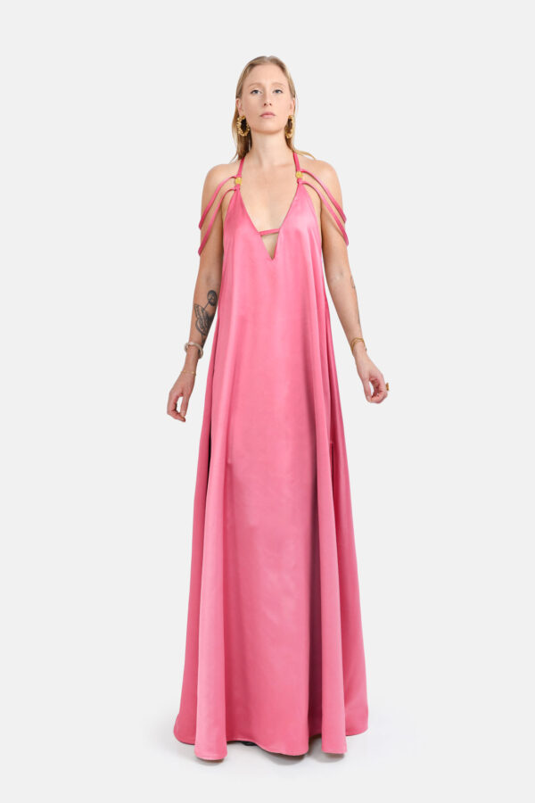 Pink Satin Maxi Dress Straps Ruffled Hem Kargede Designer Mini Dress Front2 - Breeze – Pink Satin Slit Maxi Dress