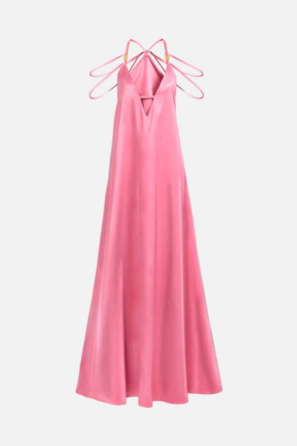 Pink Satin Maxi Dress Straps Ruffled Hem Kargede Designer Mini Dress GM - Breeze – Pink Satin Slit Maxi Dress