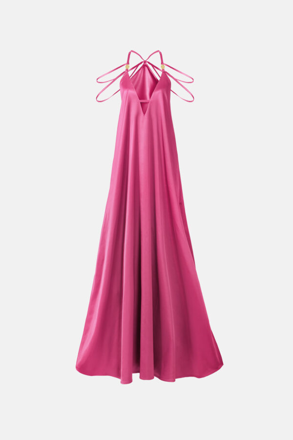 Pink Satin Maxi Dress Straps Ruffled Hem Kargede Designer Mini Dress GM - Breeze – Pink Satin Maxi Dress