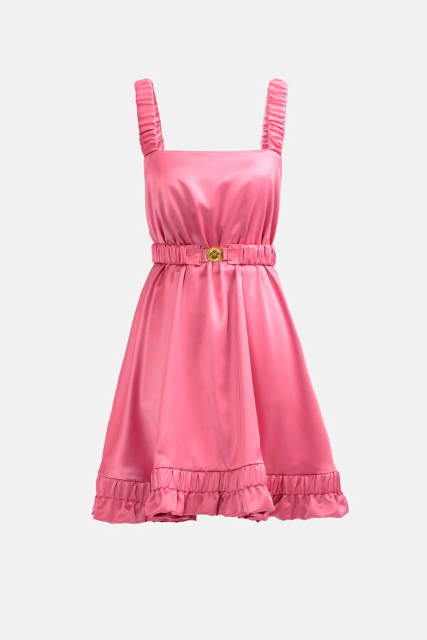 Pink Satin Mini Dress Straps Ruffled Hem Kargede Designer Mini Dress GM - Ripple – Pink Satin Slip Mini Dress