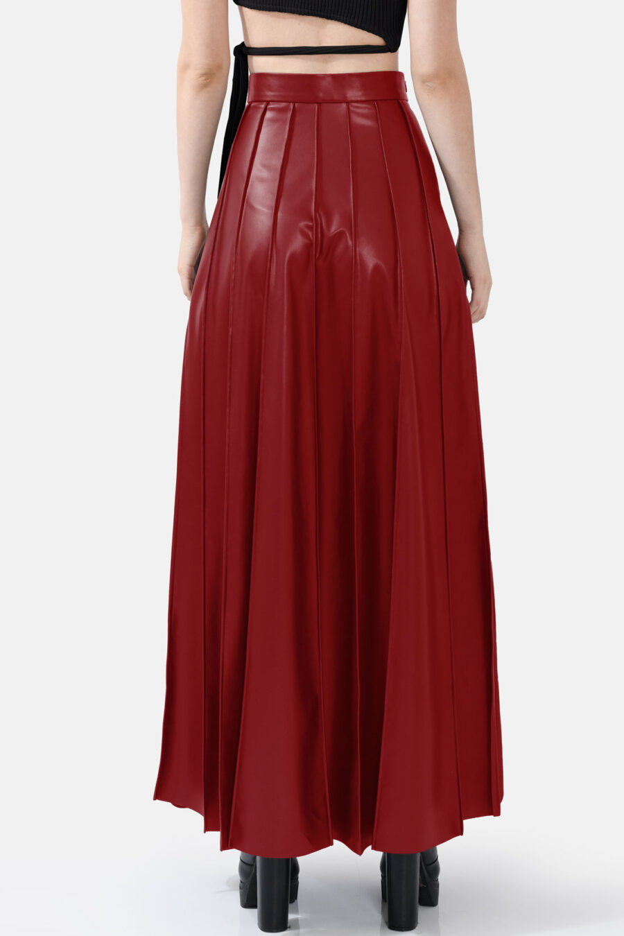 Red Pleated Vegan Leather Maxi Skirt Kargede Designer Skirt Back Avila - Solace – Pleated Red Vegan Leather Maxi Skirt