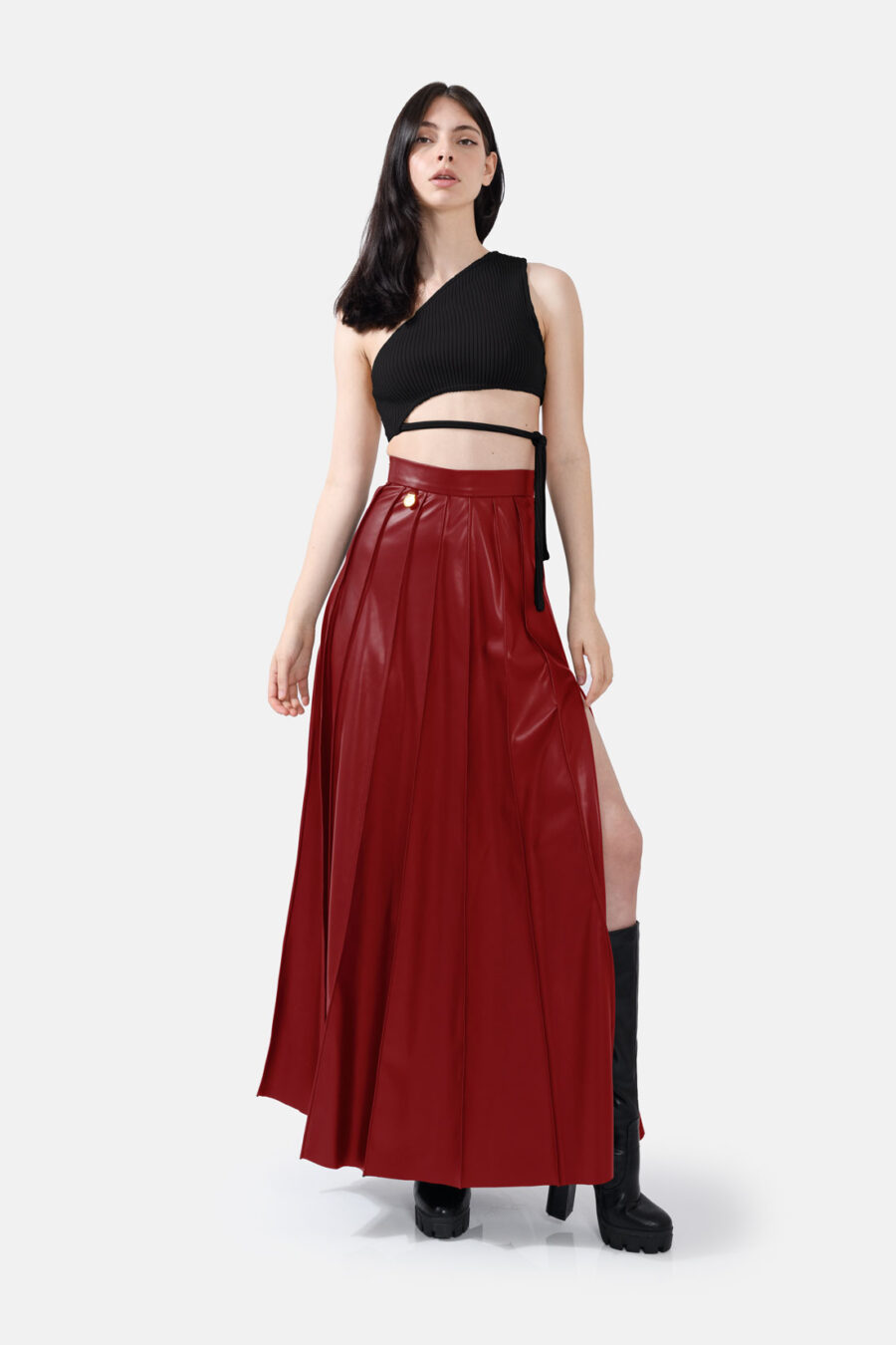 Red Pleated Vegan Leather Maxi Skirt Kargede Designer Skirt Front Avila - Solace – Pleated Red Vegan Leather Maxi Skirt