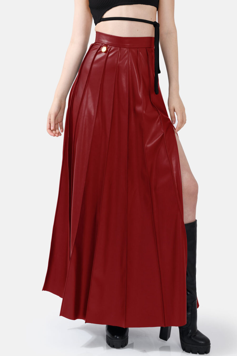 Red Pleated Vegan Leather Maxi Skirt Kargede Designer Skirt Front Avila Close - Solace – Pleated Red Vegan Leather Maxi Skirt