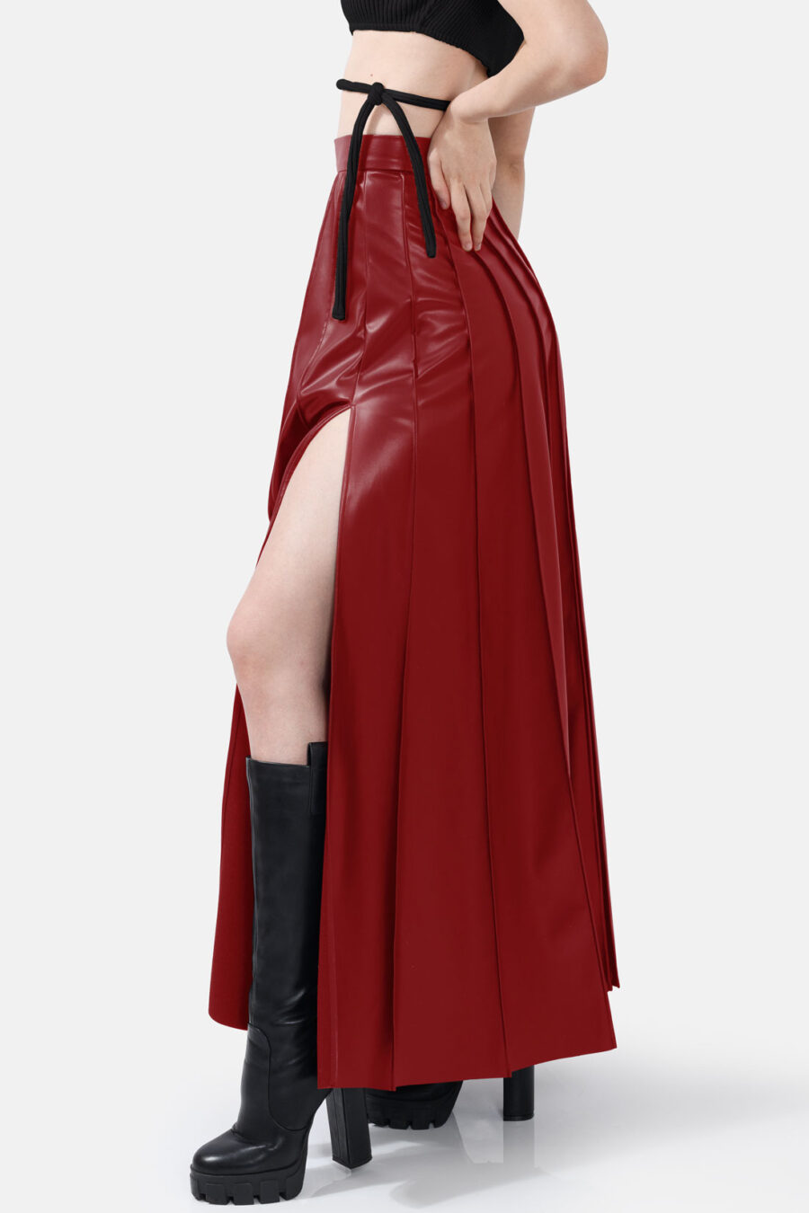 Red Pleated Vegan Leather Maxi Skirt Kargede Designer Skirt Side Avila - Solace – Pleated Red Vegan Leather Maxi Skirt