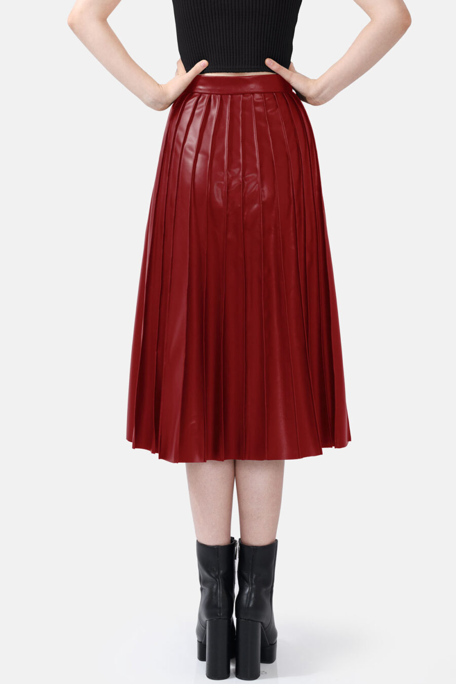 Red Pleated Vegan Leather Midi Skirt Kargede Designer Skirt Back Avila - Solace – Pleated Red Vegan Leather Midi Skirt