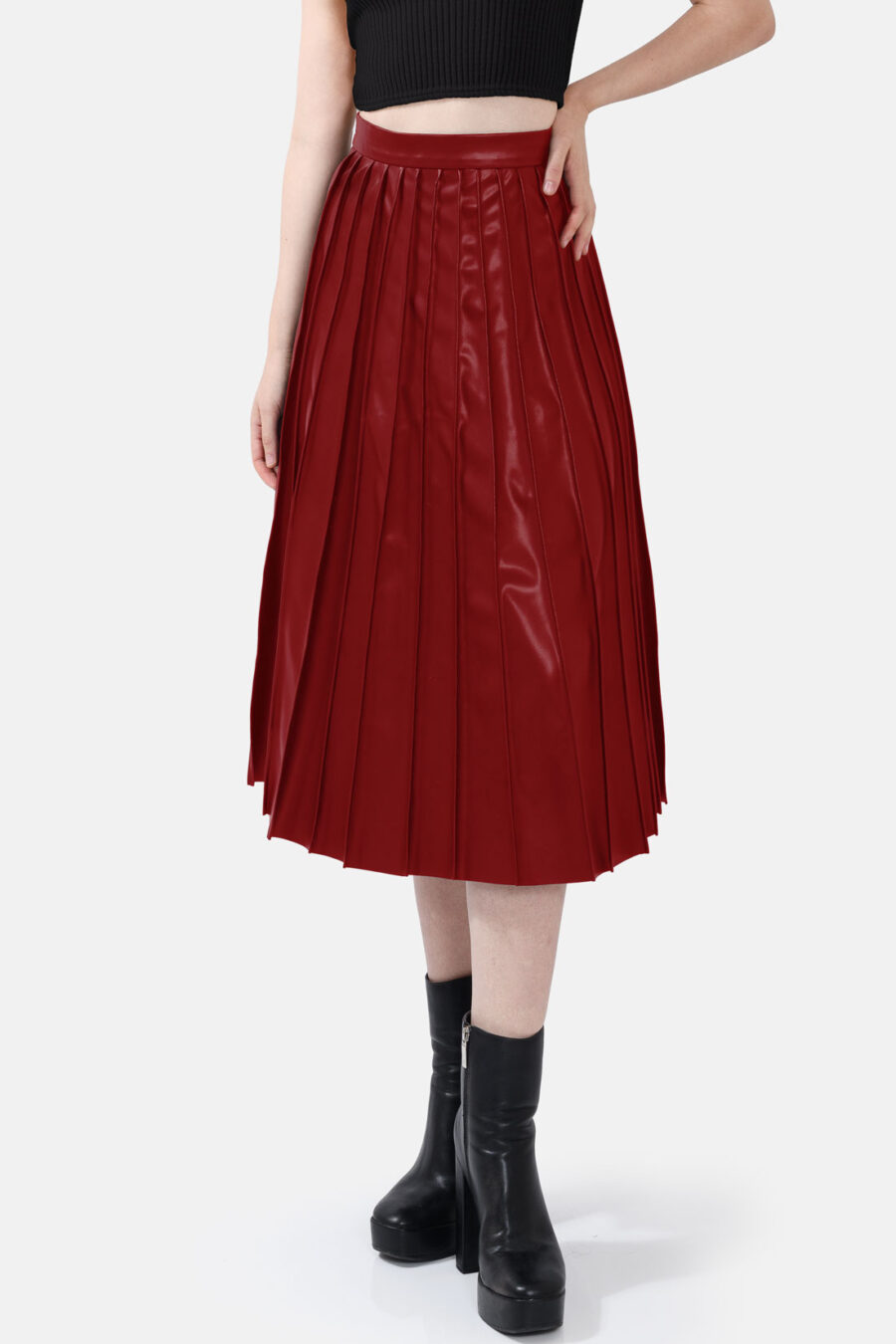 Red Pleated Vegan Leather Midi Skirt Kargede Designer Skirt Front Red - Solace – Pleated Red Vegan Leather Midi Skirt