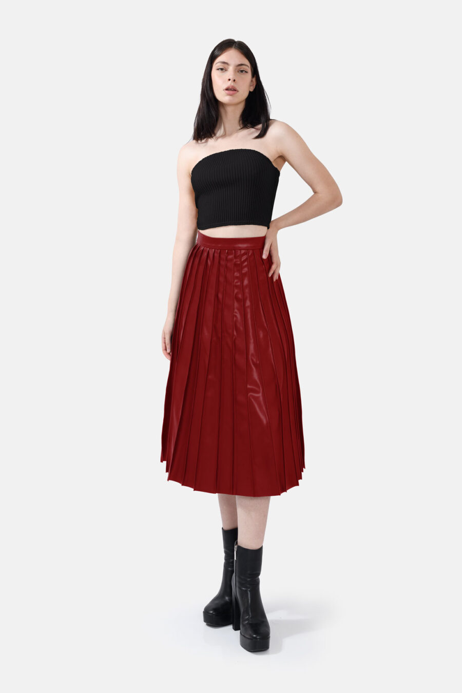 Red Pleated Vegan Leather Midi Skirt Kargede Designer Skirt Front Red Out - Solace – Pleated Red Vegan Leather Midi Skirt