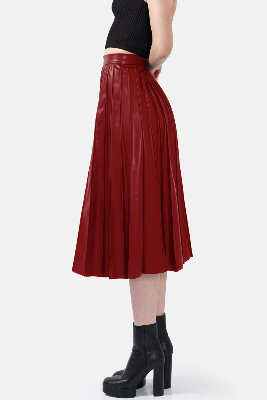 Red Pleated Vegan Leather Midi Skirt Kargede Designer Skirt Side Avila - Solace – Pleated Red Vegan Leather Midi Skirt