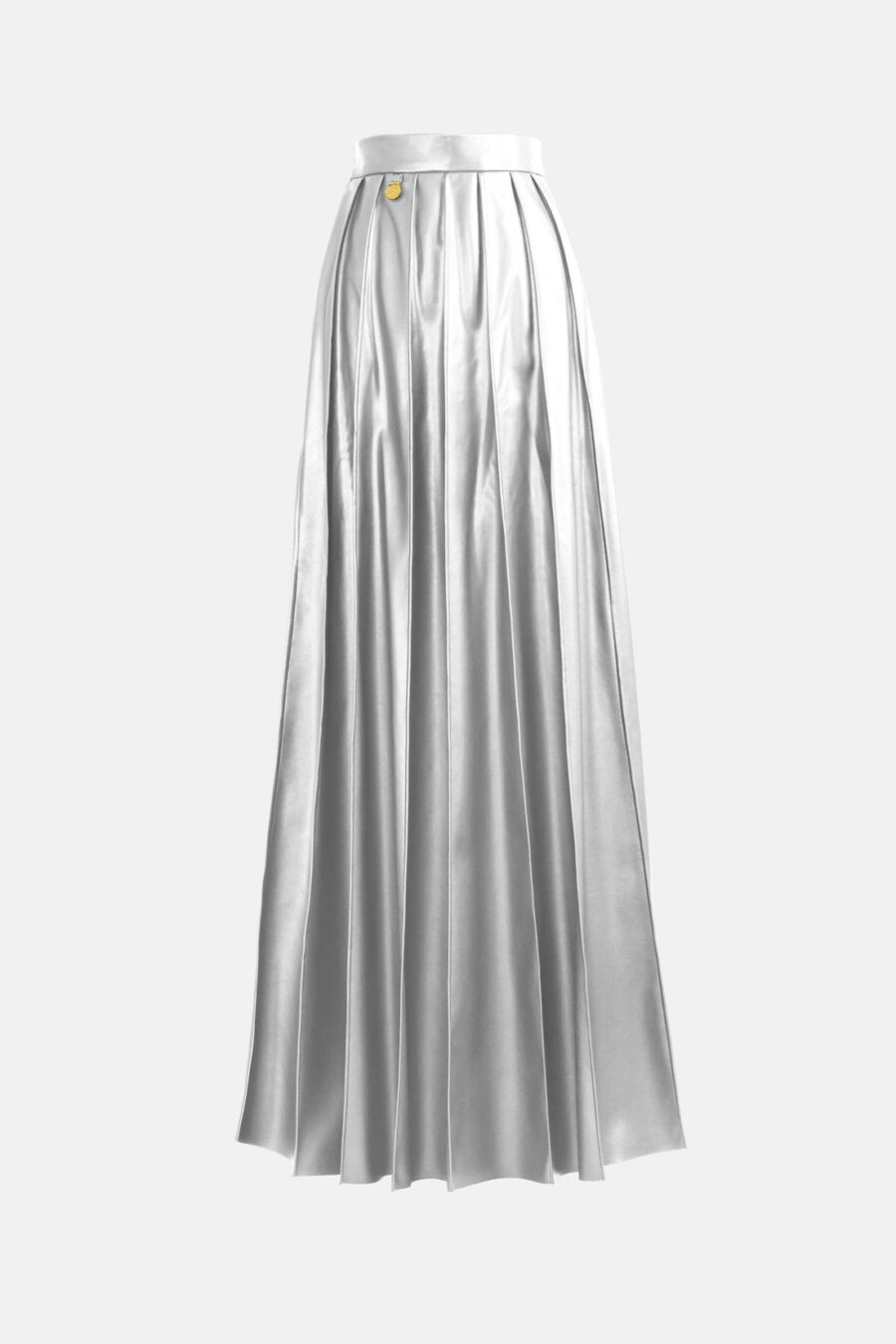 Silver Pleated Vegan Leather Maxi Skirt Kargede Designer Skirt GM2 - Solace – Pleated Silver Vegan Leather Maxi Skirt