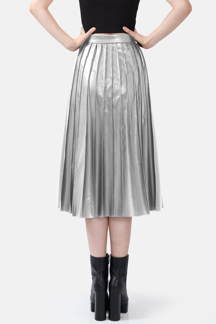 Silver Pleated Vegan Leather Midi Skirt Kargede Designer Skirt Back Avila - Solace – Pleated Silver Vegan Leather Midi Skirt