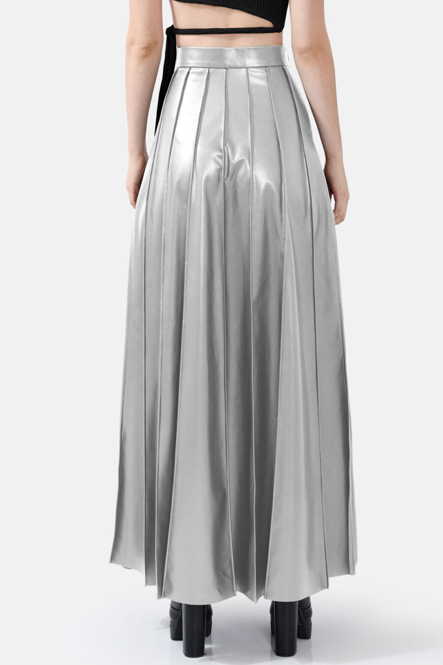 Silver Pleated Vegan Leather Midi Skirt Kargede Designer Skirt Back Avila - Solace – Pleated Silver Vegan Leather Maxi Skirt