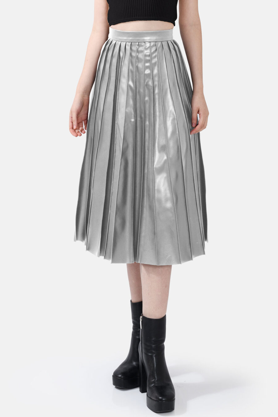 Silver Pleated Vegan Leather Midi Skirt Kargede Designer Skirt Front Avila - Solace – Pleated Silver Vegan Leather Midi Skirt