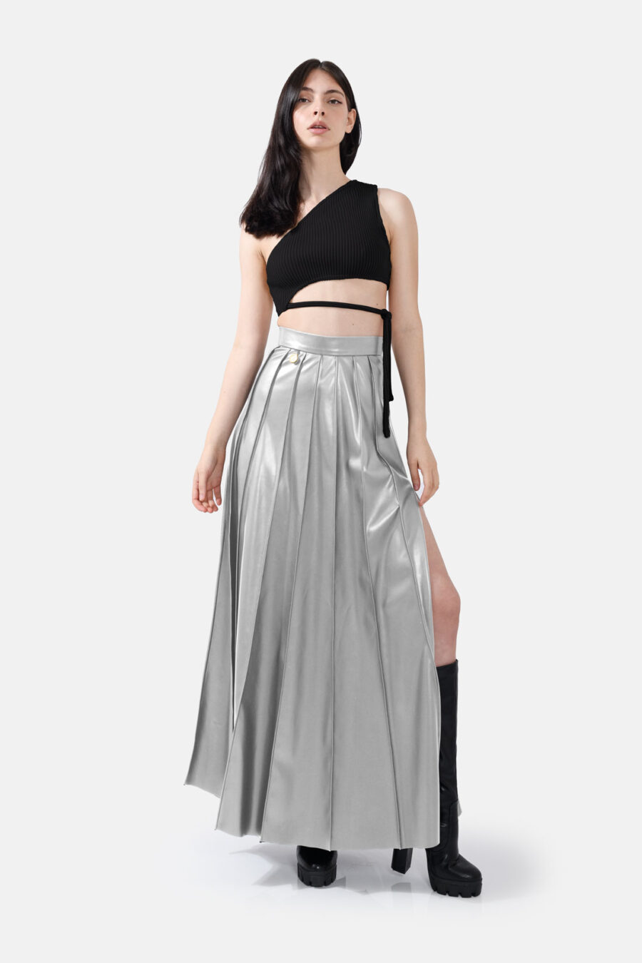 Silver Pleated Vegan Leather Midi Skirt Kargede Designer Skirt Front Avila - Solace – Pleated Silver Vegan Leather Maxi Skirt