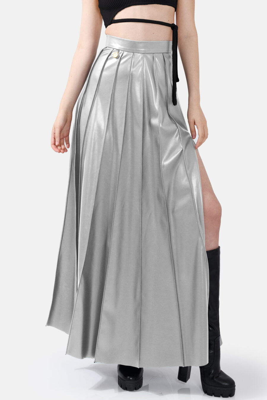 Silver Pleated Vegan Leather Midi Skirt Kargede Designer Skirt Front Avila Close - Solace – Pleated Silver Vegan Leather Maxi Skirt