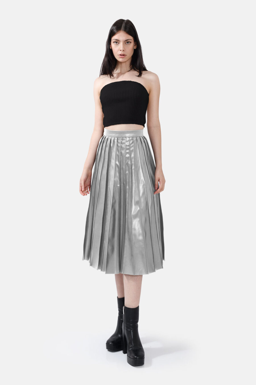 Silver Pleated Vegan Leather Midi Skirt Kargede Designer Skirt Front Avila Out - Solace – Pleated Silver Vegan Leather Midi Skirt