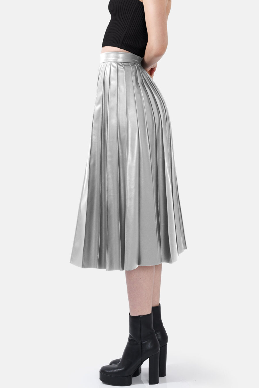 Silver Pleated Vegan Leather Midi Skirt Kargede Designer Skirt Side Avila - Solace – Pleated Silver Vegan Leather Midi Skirt