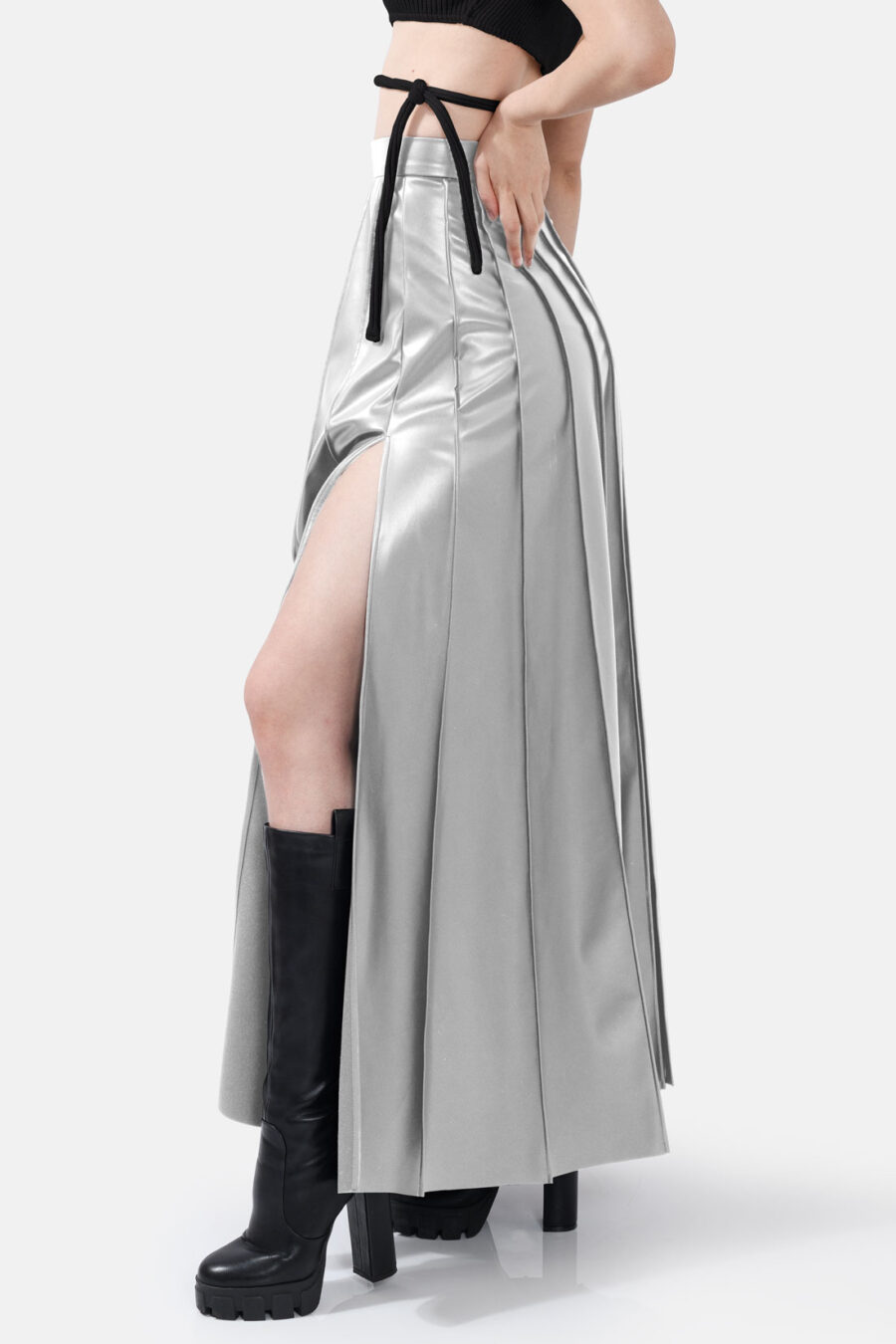 Silver Pleated Vegan Leather Midi Skirt Kargede Designer Skirt Side Avila - Solace – Pleated Silver Vegan Leather Maxi Skirt