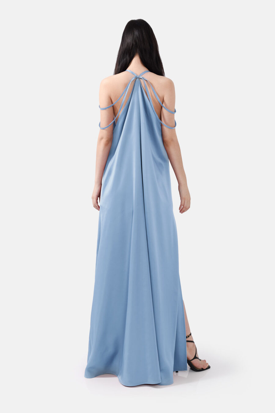 Sky Blue Satin Maxi Dress Straps Ruffled Hem Kargede Designer Maxi Dress Back Aliva - Breeze – Sky Blue Satin Maxi Dress