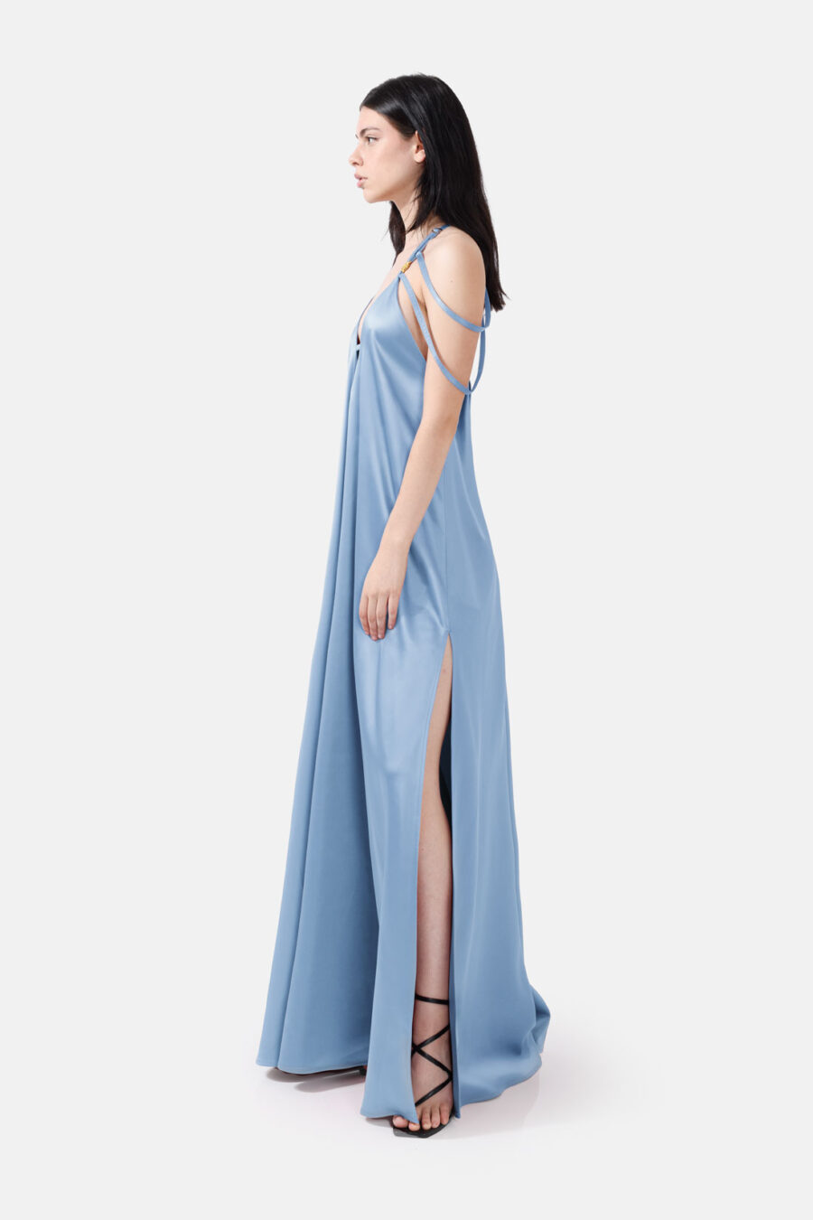 Sky Blue Satin Maxi Dress Straps Ruffled Hem Kargede Designer Maxi Dress Side Aliva - Breeze – Sky Blue Satin Maxi Dress