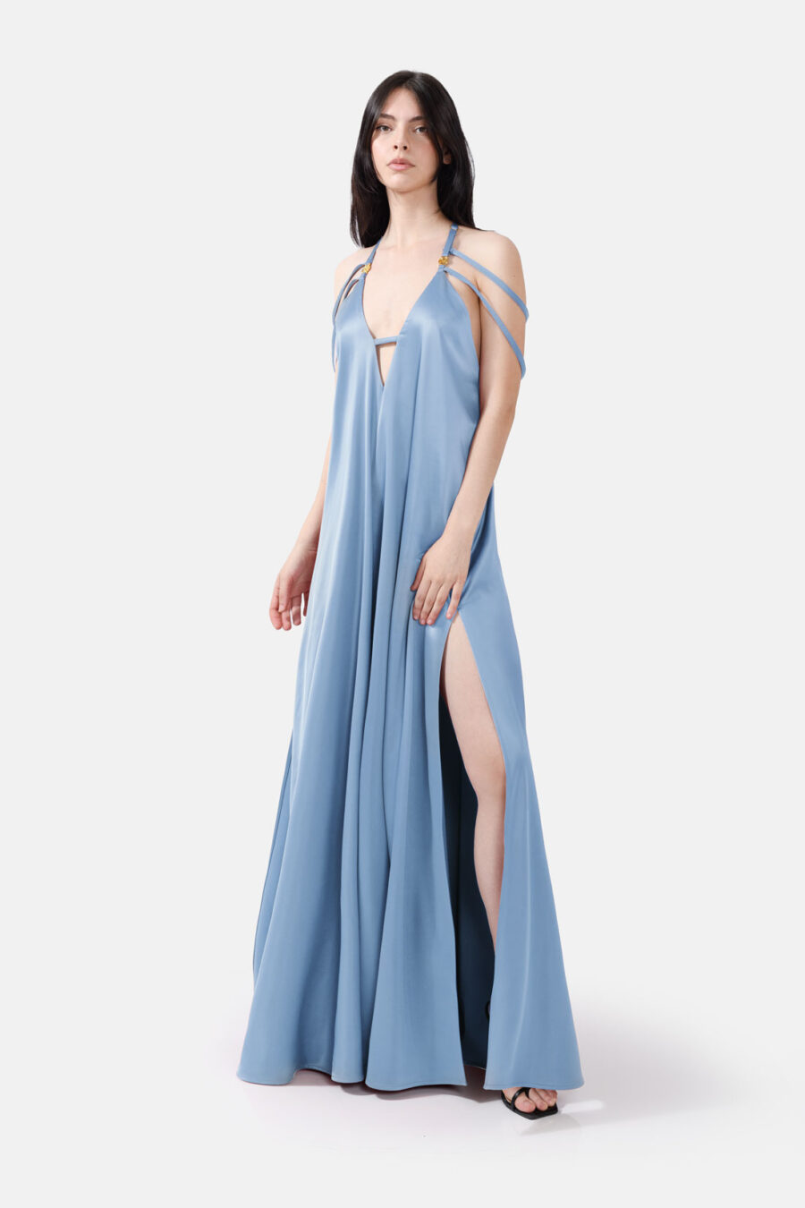 Sky Satin Maxi Dress Straps Ruffled Hem Kargede Designer Maxi Dress Front Avila - Breeze – Sky Blue Satin Maxi Dress