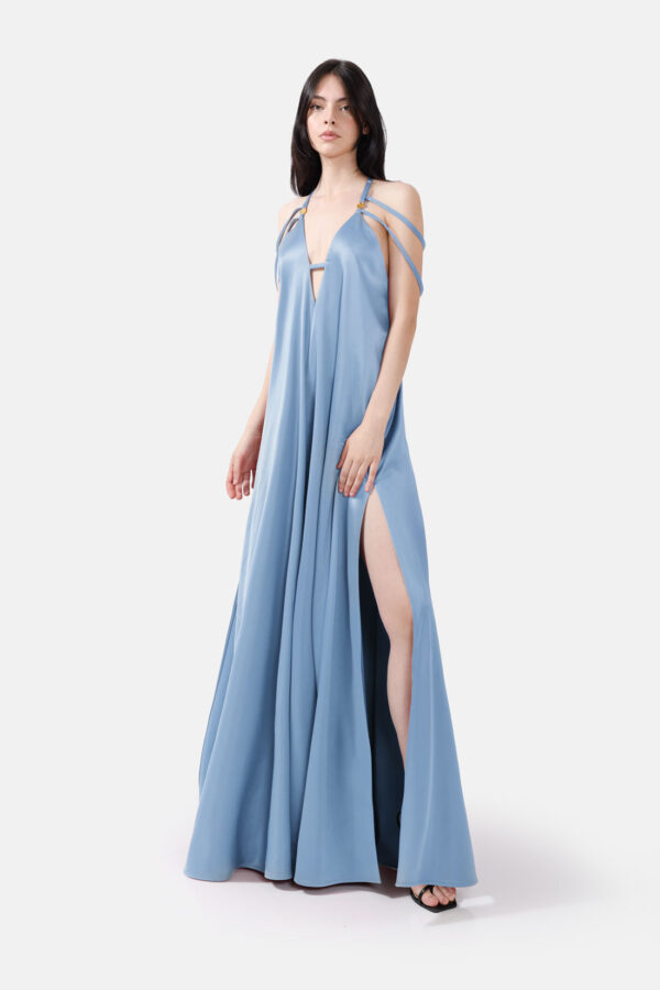 Sky Satin Maxi Dress Straps Ruffled Hem Kargede Designer Maxi Dress Front Avila - Breeze – Sky Blue Satin Maxi Dress