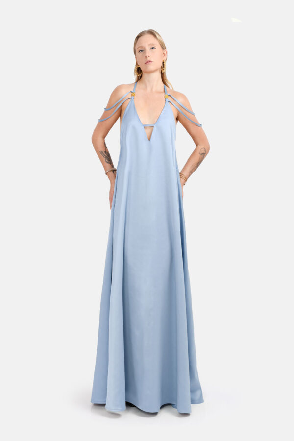 Sky Satin Maxi Dress Straps Ruffled Hem Kargede Designer Mini Dress Front2 - Breeze – Sky Blue Satin Slit Maxi Dress