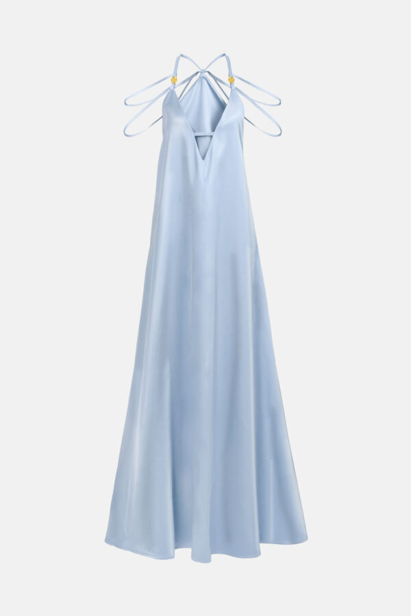 Sky Satin Maxi Dress Straps Ruffled Hem Kargede Designer Mini Dress GM - Breeze – Sky Blue Satin Slit Maxi Dress