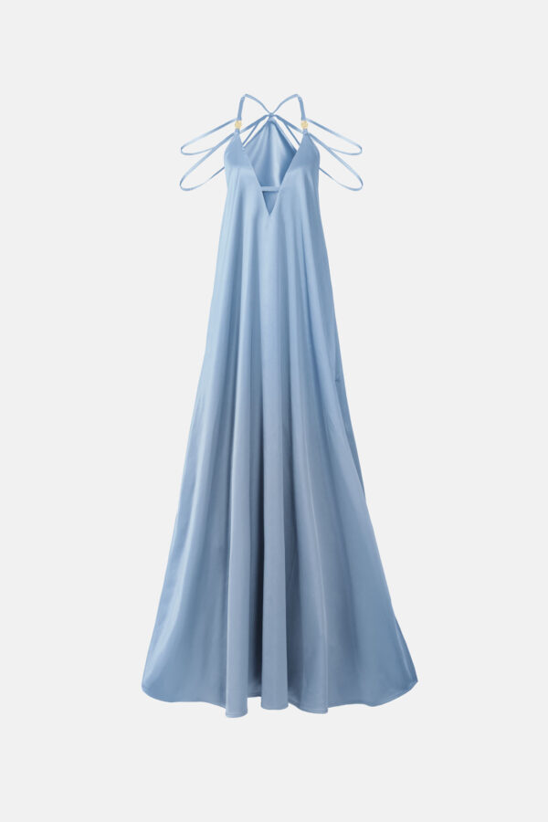 Sky Satin Maxi Dress Straps Ruffled Hem Kargede Designer Mini Dress GM - Breeze – Sky Blue Satin Maxi Dress