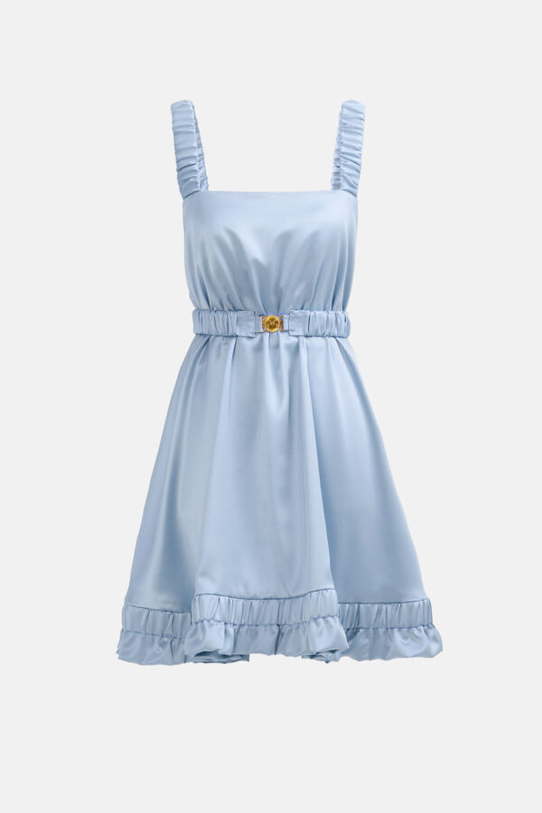 Sky Satin Mini Dress Straps Ruffled Hem Kargede Designer Mini Dress GM - Ripple – Sky Blue Satin Slip Mini Dress