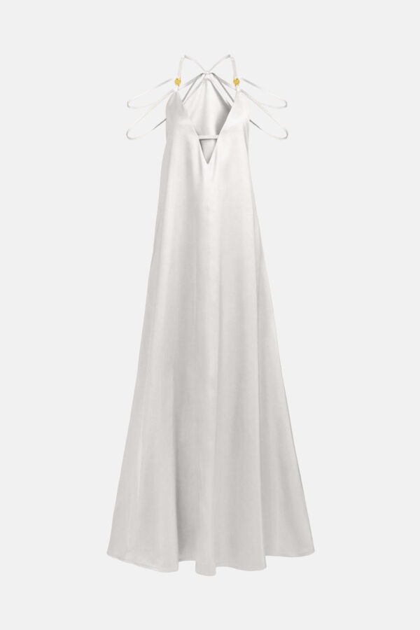 White Satin Maxi Dress Straps Ruffled Hem Kargede Designer Mini Dress GM - Breeze – White Satin Slit Maxi Dress