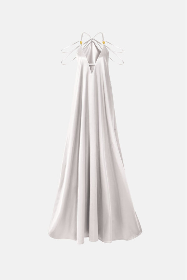 White Satin Maxi Dress Straps Ruffled Hem Kargede Designer Mini Dress GM - Breeze – White Satin Maxi Dress