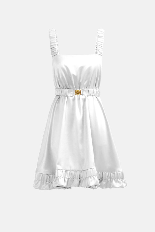 White Satin Mini Dress Straps Ruffled Hem Kargede Designer Mini Dress GM - Ripple – White Satin Slip Mini Dress