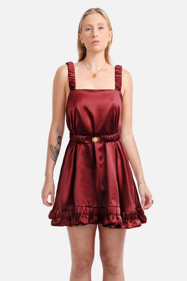 Crimson Satin Mini Dress Straps Ruffled Hem Kargede Designer Mini Dress Front Belt22 - Ripple – Red Satin Slip Mini Dress