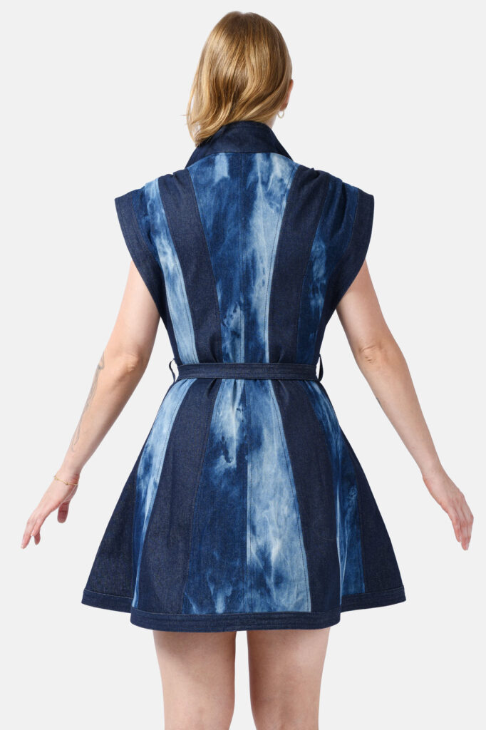 Denim Mini Dress Belt Tie Kargede Designer Dress Blue Dyed Back