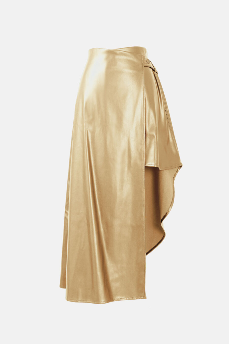 Gold Asymmetrical Wrap Skirt Kargede Designer Skirt GM - Fatale – Metallic Gold Asymmetrical Wrap Skirt, Vegan Leather