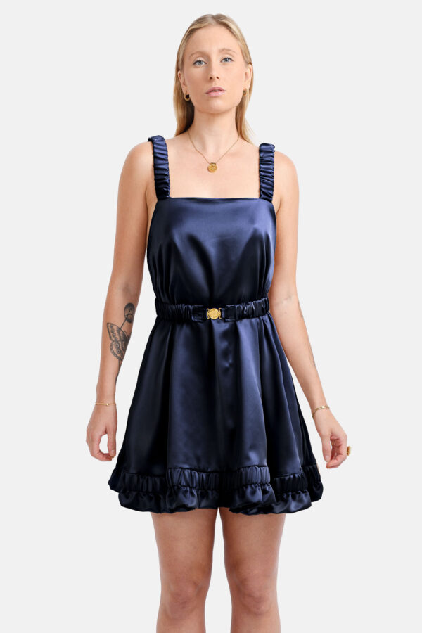 Navy Satin Mini Dress Straps Ruffled Hem Kargede Designer Mini Dress Front Belt22 - Ripple – Navy Satin Slip Mini Dress