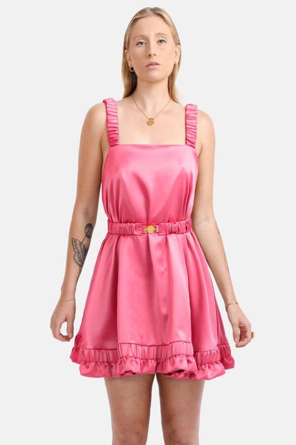 Pink Satin Mini Dress Straps Ruffled Hem Kargede Designer Mini Dress Front Belt22 - Ripple – Pink Satin Slip Mini Dress