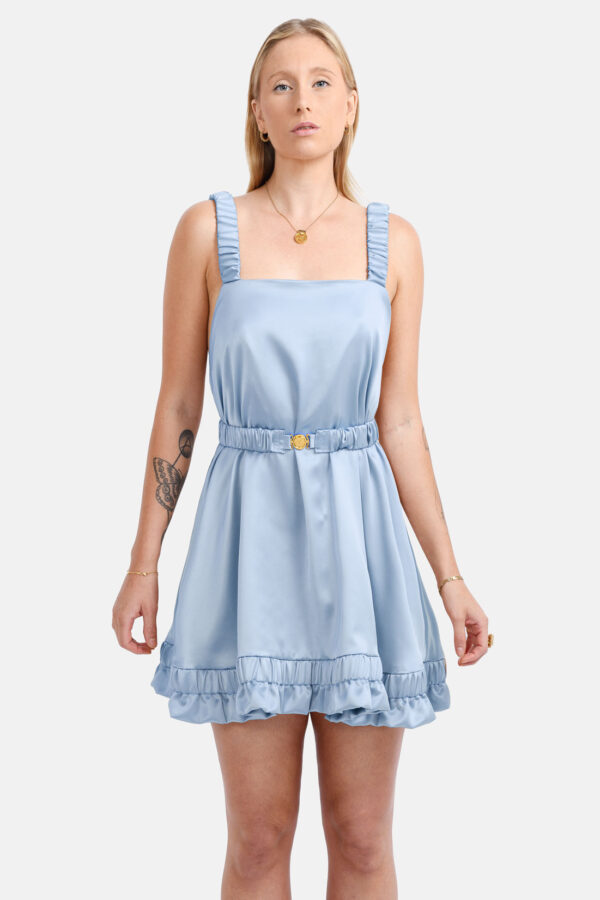 Sky Satin Mini Dress Straps Ruffled Hem Kargede Designer Mini Dress Front Belt22 - Ripple – Sky Blue Satin Slip Mini Dress