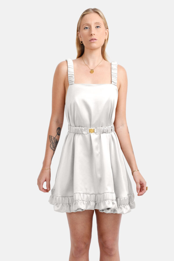 White Satin Mini Dress Straps Ruffled Hem Kargede Designer Mini Dress Front Belt22 - Ripple – White Satin Slip Mini Dress