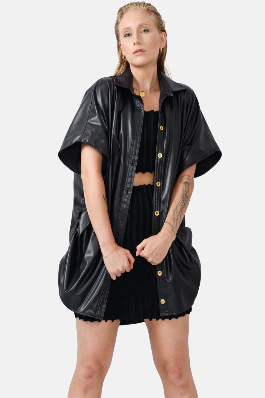 Black Oversized Vegan Leather Shirt Designer Shirt Kargede Front - Rumour – Black Vegan Leather Oversized Shirt